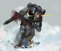  absurdres adeptus_astartes armor battle battle_damage blood bolter chainsword dual_wielding gun highres holding holding_gun holding_sword holding_weapon mad_mark power_armor snow space_wolves sword warhammer_40k weapon 