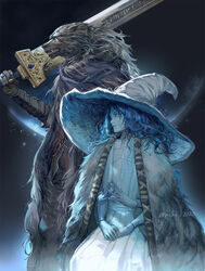  1boy animal_ears armor black_background blaidd_the_half-wolf blue_eyes blue_hair blue_skin cape cloak colored_skin cracked_skin doll_joints dress elden_ring extra_arms extra_faces female fingers_together from_side fur_cape fur_cloak furry furry_male greatsword grey_fur hage2013 hat highres huge_weapon joints large_hat medium_hair oerba_yun_fang over_shoulder ranni_the_witch robe sitting standing sword sword_over_shoulder twitter_username weapon weapon_over_shoulder witch witch_hat wolf_boy wolf_ears 