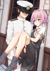  1boy absurdres admiral_(kancolle) artist_name bad_id bad_pixiv_id bike_shorts black_shorts blue_eyes blush brown_hair buttons carrying collared_shirt female grey_skirt grey_vest hair_between_eyes hat highres kantai_collection kokenashi long_sleeves military military_uniform naval_uniform neck_ribbon open_mouth peaked_cap pink_hair pleated_skirt ponytail princess_carry red_ribbon ribbon rudder_footwear shaded_face shiranui_(kancolle) shirt short_hair short_sleeves shorts shorts_under_skirt signature skirt torn_clothes torn_shirt torn_shorts torn_vest uniform vest white_shirt window 