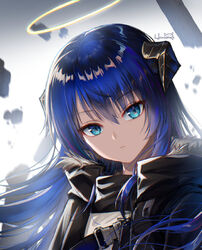  arknights blue_eyes blue_hair female fur-trimmed_jacket fur_trim hair_between_eyes halo haneru horns jacket long_hair looking_at_viewer mostima_(arknights) shirt solo upper_body white_shirt 