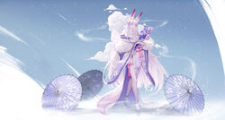  absurdres animal_ear_fluff animal_ears breasts cloud cloud_background colored_skin english_commentary expressionless female fox_ears fox_girl fox_tail highres japanese_clothes kalle21 kimono large_breasts long_hair looking_at_viewer oil-paper_umbrella original pink_nails pink_skin platform_footwear purple_eyes socks solo tabi tail tassel umbrella very_long_hair 