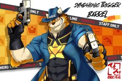  abs anthro barrel_(live_a_hero) bodysuit canid canine canis clothing cowboy_hat fingerless_gloves gloves grin gun handwear hat headgear headwear hi_res lifewonders live_a_hero male mammal muscular muscular_anthro muscular_male musfetman one_eye_closed pawpads pecs ranged_weapon skinsuit smile solo superhero tight_clothing weapon wink wolf 