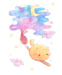  :3 :d animal animal_focus artist_name bat_(animal) bisquii broom broom_riding chibi closed_eyes closed_mouth feline flying moon night night_sky no_humans open_mouth orange_cat original paint paintbrush painting_(medium) sky smile sparkle star_(symbol) traditional_media watercolor_(medium) 