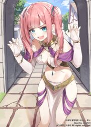  :d absurdres arch bare_shoulders blue_eyes breasts claw_pose cleavage day female hair_ribbon hands_up highres jewelry long_hair looking_at_viewer medium_breasts midriff mole mole_under_eye oerba_yun_fang official_art open_mouth outdoors pelvic_curtain pink_hair revealing_clothes ribbon smile solo standing star741 stomach thighs twintails v-shaped_eyebrows 