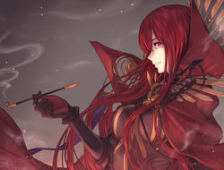  absurdres breasts cape chains fate/grand_order fate_(series) female highres kiseru long_hair oda_nobunaga_(fate) oda_nobunaga_(maou_avenger)_(fate) profile red_eyes red_hair smoke smoking smoking_pipe solo yasu_(segawahiroyasu) 