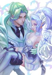  1boy aqua_cape aqua_eyes aqua_hair bare_shoulders black_gloves black_shirt breasts cape carrying carrying_person closed_mouth collared_shirt crystal_rose_swain crystal_rose_zyra dress eyeshadow female flower gloves highres imone_illust jacket league_of_legends long_hair looking_at_viewer makeup medium_breasts necktie official_alternate_costume pants purple_eyes purple_hair rose shirt swain_(league_of_legends) thighhighs white_dress white_flower white_gloves white_jacket white_pants white_rose zyra 