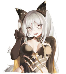  alchemy_stars artist_name black_gloves black_leotard breasts breasts_apart claw_pose elbow_gloves english_commentary female gloves grey_eyes grey_hair hand_up highres leotard looking_at_viewer medium_breasts open_mouth scar scar_across_eye sign simple_background slit_pupils smile smokey_(alchemy_stars) smokey_(imprisonment_of_greed)_(alchemy_stars) solo twintails upper_body van.elv white_background 