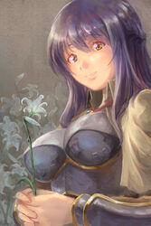  brown_capelet capelet chest_guard closed_mouth collared_capelet commentary_request egnigem_cenia female flower highres holding holding_flower lily_(flower) long_hair looking_at_viewer own_hands_together purple_hair ragnarok_masters ragnarok_online reihou19 smile solo swordsman_(ragnarok_online) upper_body vambraces white_flower yellow_eyes 