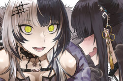  2girls asymmetrical_horns black_blindfold black_choker black_coat black_hair blindfold blush breasts chest_belt choker cleavage coat covered_eyes demon_horns dress fur-trimmed_coat fur_trim grey_hair hair_ornament haraya_manawari highres hololive hololive_english horns lace lace-trimmed_choker lace_choker lace_trim long_hair masochism mole mole_under_eye multicolored_hair multiple_girls nerissa_ravencroft nerissa_ravencroft_(1st_costume) ringed_eyes shiori_novella shiori_novella_(1st_costume) smile split-color_hair two-tone_hair uneven_horns virtual_youtuber wavy_mouth yellow_eyes 