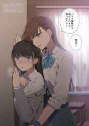  2girls assertive_female black_hair blue_bow blue_bowtie blue_eyes blue_skirt blurry blurry_background blush bow bowtie brown_hair commentary_request green_eyes grey_jacket hand_on_wall hand_under_clothes hand_under_shirt heavy_breathing highres indoors jacket long_hair multiple_girls muromaki original pleated_skirt school_uniform shirt skirt speech_bubble sweat teacher teacher_and_student translated white_shirt yuri 