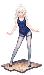  absurdres ahoge arms_at_sides black_footwear black_pantyhose blue_one-piece_swimsuit blush breasts chinese_commentary collarbone commentary_request covered_navel female floor full_body hair_between_eyes high_heels highres lightning_ahoge long_hair looking_at_viewer medium_breasts multicolored_hair navel one-piece_swimsuit open_mouth orange_eyes original pantyhose pantyhose_under_swimsuit red_hair sandals scar scar_on_face school_swimsuit sidelocks signature simple_background slit_pupils solo standing streaked_hair swimsuit thighband_pantyhose white_background white_hair xiaoxi0619 