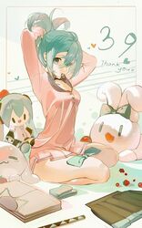  39 aqua_bow aqua_eyes aqua_hair aqua_necktie arms_behind_head arms_up belt border bow breasts cameo character_doll cinnamiku cinnamoroll commentary dress english_text female folded_clothes folded_ponytail food fruit hair_between_eyes hair_tie_in_mouth hands_in_hair hatsune_miku heart highres holding holding_own_hair long_hair long_sleeves looking_at_viewer mouth_hold necktie neonneon321 outside_border pink_dress pleated_dress sanrio seiza short_dress sitting skirt small_breasts smile solo strawberry stuffed_animal stuffed_rabbit stuffed_toy symbol-only_commentary thank_you tying_hair unworn_belt unworn_bow unworn_necktie unworn_shirt unworn_skirt vocaloid white_background 