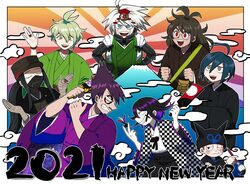  2021 6+boys :d ahoge alternate_costume amami_rantaro android antenna_hair bad_id bad_twitter_id bandaged_hand bandages black_hair black_headwear brown_eyes brown_hair brown_kimono calligraphy_brush checkered_clothes checkered_kimono closed_eyes danganronpa_(series) danganronpa_v3:_killing_harmony english_commentary facial_hair furukawa_(yomawari) goatee gokuhara_gonta green_eyes green_hair green_headwear grey_hair hands_in_opposite_sleeves hands_up happy_new_year highres holding hoshi_ryoma japanese_clothes jewelry k1-b0 kimono long_hair looking_at_another male_focus mask momota_kaito mouth_mask multiple_boys new_year oma_kokichi open_mouth paintbrush ponytail purple_hair purple_kimono red_eyes ring saihara_shuichi shinguji_korekiyo short_hair smile smoking_pipe space_print starry_sky_print teeth thumb_ring upper_teeth_only wide_sleeves 