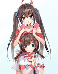  2girls ahoge bare_shoulders black_choker blue_bow blue_eyes bow breasts brown_eyes brown_hair choker cleavage cleavage_cutout clothing_cutout collarbone dyed_ahoge hair_between_eyes hair_ornament hair_ribbon hairbow hands_up highres holding holding_behind_back holding_ears kizuna_ai kizuna_ai_(chinese) kizuna_ai_inc. long_hair looking_at_viewer multicolored_hair multiple_girls off_shoulder open_mouth pink_hair red_ribbon ribbon shinka_musume shinka_musume_channel short_sleeves simple_background skirt small_breasts smile teeth twintails upper_teeth_only virtual_youtuber white_background xila_qian_tang_shi 