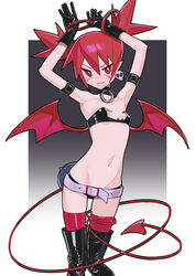  absurdres arm_strap arms_up belt black_gloves boots bracelet choker demon_girl demon_tail demon_wings disgaea earrings english_commentary etna_(disgaea) female gloves highres jewelry mini_wings navel oerba_yun_fang pointy_ears red_eyes red_hair revealing_clothes saaal653 short_shorts shorts skin_fang skull_earrings solo tail thigh_boots thighhighs wings 