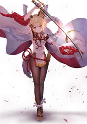  animal_ears arm_up bare_shoulders black_pantyhose blonde_hair blush braid breasts detached_sleeves dog_ears erune female floating_clothes full_body granblue_fantasy hair_ornament hand_up highres holding holding_sword holding_weapon japanese_clothes kimblee lens_flare looking_at_viewer pantyhose parted_lips red_rope rope shimenawa short_hair simple_background solo standing sword tail thick_eyebrows toes vajra_(granblue_fantasy) weapon white_background wide_sleeves 