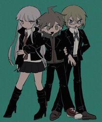  2boys :o arm_hug black_jacket black_pants blonde_hair boots brown_eyes brown_footwear brown_hair collared_shirt danganronpa:_trigger_happy_havoc danganronpa_(series) female full_body glasses green_background green_hoodie high_heel_boots high_heels highres holding_another&#039;s_wrist hood hood_down hoodie jacket kirigiri_kyoko knee_boots long_hair long_sleeves miniskirt multiple_boys naegi_makoto open_clothes open_jacket open_mouth pants pink_hair pleated_skirt sema_(vivaviva_02) semi-rimless_eyewear shirt shoes short_hair skirt sweatdrop togami_byakuya white_shirt 