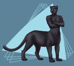  black_body black_fur blue_background bodyxcount crossed_arms felid felid_taur fur green_eyes male mammal mammal_taur melanistic nude pantherine pantherine_taur simple_background solo taur 