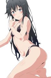  absurdres ahoge bikini black_bikini black_hair blue_eyes blush breasts closed_mouth collarbone commentary_request female highres long_hair looking_at_viewer shou937 sidelocks simple_background small_breasts smile solo swimsuit white_background yahari_ore_no_seishun_lovecome_wa_machigatteiru. yukinoshita_yukino 