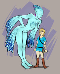  5_fingers animal_humanoid bent_over blonde_hair blue_body blue_skin boots breasts breath_of_the_wild closed_eyes clothing duo ear_piercing ear_ring featureless_breasts featureless_crotch feet female fingers fish fish_humanoid footwear hair humanoid humanoid_pointy_ears hylian izra larger_female larger_humanoid light_body light_skin link male marine marine_humanoid navel nervous nintendo ocarina_of_time piercing princess_ruto ring_piercing sheikah_slate size_difference smaller_humanoid smaller_male tablet_computer the_legend_of_zelda toes zora 