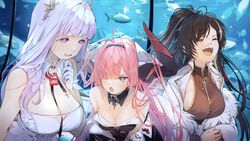  3girls antenna_hair aquarium azur_lane bare_shoulders black_hair black_hairband blunt_bangs breasts coat cross detached_collar dress english_commentary fish fur-trimmed_coat fur_trim gloves hair_on_horn hair_over_one_eye hairband harbin_(azur_lane) high_ponytail highres iron_cross large_breasts large_horns laughing light_purple_hair long_hair long_sleeves medium_breasts mole mole_under_eye multiple_girls nachoz_(nachozart) official_art open_mouth pink_hair plymouth_(azur_lane) prinz_rupprecht_(azur_lane) purple_eyes sleeveless sleeveless_dress sweatdrop white_coat white_dress white_gloves 