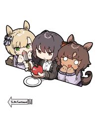  3girls amonitto animal_ears apple bitter_glasse_(umamusume) black_hair black_jacket blonde_hair brown_eyes brown_hair chibi dark-skinned_female dark_skin food frown fruit gasp green_eyes highres horse_ears horse_girl horse_tail jacket kashimoto_riko knife little_cocon_(umamusume) long_sleeves multiple_girls o_o open_mouth plate sailor_collar school_uniform shirt simple_background sweat tail to_be_continued tracen_school_uniform umamusume white_background white_shirt 