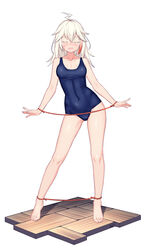  absurdres ahoge arms_at_sides ass_visible_through_thighs bare_legs blue_one-piece_swimsuit blush bondage bondage bound breasts chinese_commentary closed_eyes collarbone commentary_request covered_navel female floor full_body hair_between_eyes highres lightning_ahoge long_hair medium_breasts multicolored_hair navel one-piece_swimsuit open_mouth original red_hair restrained rope scar scar_on_face school_swimsuit sidelocks signature simple_background solo standing streaked_hair swimsuit toes white_background white_hair xiaoxi0619 