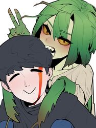  1boy :&gt; =_= arthropod_girl biting_hair blood blood_on_face blush colored_sclera colored_skin commentary_request couple extra_arms female green_hair grey_sweater hand_up highres korean_commentary looking_at_viewer mantis-chan_(sparrowl) mantis_girl monster_girl original praying_mantis simple_background smile sparrowl straight sweater teeth v white_background yellow_eyes yellow_sclera yellow_skin 