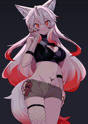  :3 absurdres animal_ear_fluff animal_ears bare_shoulders black_background breasts cleavage cleavage_cutout clothing_cutout commentary commission cross earrings english_commentary female fingernails fishnet_thighhighs fishnets gradient_background gradient_hair hair_between_eyes heart heart_cutout heart_earrings highres indie_virtual_youtuber jewelry large_breasts long_hair multicolored_hair red_eyes red_hair ring saaal653 sharp_fingernails shorts simple_background single_thighhigh skindentation solo streaked_hair tail thighhighs two-tone_hair virtual_youtuber white_hair wolf_ears wolf_girl wolf_tail 