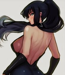  ai-assisted back bare_back bare_shoulders black_dress black_hair blush breasts detached_sleeves dress female from_behind grey_background highres long_hair looking_at_viewer looking_back nico_robin one_piece one_piece_treasure_cruise ponytail shiny_skin sideboob simple_background solo vcais 