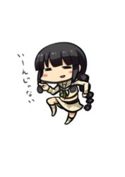  black_hair blunt_bangs blush braid brown_neckerchief brown_shirt brown_skirt brown_thighhighs closed_eyes commentary_request female genba_neko_(meme) kantai_collection kitakami_(kancolle) kitakami_kai_ni_(kancolle) long_hair makura_(y_makura) meme neckerchief open_mouth partial_commentary pointing shigoto_neko shirt sidelocks skirt solo thighhighs translated transparent_background 