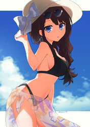  absurdres arm_at_side assault_lily bare_arms bare_shoulders bikini black_bikini blue_eyes blue_sky bow breasts brown_hair brown_hat cloud commentary_request cowboy_shot day earrings eyewear_on_head female floral_print from_side grey_bow hand_on_headwear hand_up hat hat_bow highres jewelry kaede_johan_nouvel leaning_forward letterboxed light_particles long_hair looking_at_viewer looking_to_the_side mari_(rodoney-kiara) medium_breasts navel official_alternate_costume outdoors outside_border parted_lips pink-framed_eyewear print_sarong sarong see-through sideboob sidelocks sky solo standing stomach sun_hat sunglasses swimsuit twitter_username white_sarong 