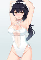  armpits azur_lane black_hair breasts brown_eyes casual_one-piece_swimsuit contrapposto cowboy_shot criss-cross_halter female gradient_background grey_background hair_flaps halterneck large_breasts long_hair looking_at_viewer navel official_alternate_costume one-piece_swimsuit pazuzu438 ponytail standing swimsuit takao_(azur_lane) takao_(beach_rhapsody)_(azur_lane) white_one-piece_swimsuit 