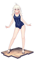  absurdres ahoge arms_at_sides ass_visible_through_thighs bare_legs black_footwear blue_one-piece_swimsuit blush breasts chinese_commentary collarbone commentary_request covered_navel female floor full_body hair_between_eyes high_heels highres lightning_ahoge long_hair looking_at_viewer medium_breasts multicolored_hair navel one-piece_swimsuit open_mouth orange_eyes original red_hair sandals scar scar_on_face school_swimsuit sidelocks signature simple_background slit_pupils solo standing streaked_hair swimsuit toes white_background white_hair xiaoxi0619 