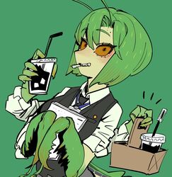  arthropod_girl basket black_eyes black_vest blush colored_sclera commentary_request cup disposable_cup drinking_straw extra_arms female green_hair green_theme holding holding_basket holding_cup korean_commentary lanyard long_sleeves looking_at_viewer mantis-chan_(sparrowl) mantis_girl medium_hair monster_girl mouth_hold original praying_mantis sharp_teeth shirt short_sleeves smile solo sparrowl teeth vest white_shirt yellow_sclera 