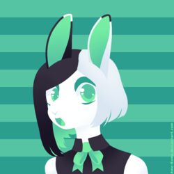  1:1 ame-kumo anthro black_hair bust_portrait clothed clothing collared_shirt female fur gasp green_background green_eyes hair lagomorph leporid lineless looking_at_viewer mammal multicolored_hair necktie pattern_background portrait rabbit simple_background solo striped_background teal_theme text url white_body white_fur white_hair 