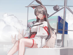  animal animal_ears april_(arknights) arknights bad_id bad_pixiv_id brown_hair cloud ear_ornament female headgear highres kneepits ledge long_hair parted_bangs parted_lips purple_eyes rabbit rabbit_ears rabbit_girl rooftop shirt sin9 sitting sky solo thigh_strap white_shirt 