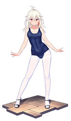  absurdres ahoge arms_at_sides black_footwear blue_one-piece_swimsuit blush breasts chinese_commentary closed_mouth collarbone commentary_request covered_navel female floor full_body hair_between_eyes high_heels highres lightning_ahoge long_hair looking_at_viewer medium_breasts multicolored_hair navel one-piece_swimsuit orange_eyes original pantyhose pantyhose_under_swimsuit red_hair sandals scar scar_on_face school_swimsuit sidelocks signature simple_background slit_pupils solo standing streaked_hair swimsuit thighband_pantyhose white_background white_hair white_pantyhose xiaoxi0619 