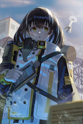  :o arknights backpack bag bannouyakunta bird_mask breath brown_hair buttons coat cold double-breasted drone female hair_between_eyes highres magallan_(arknights) mask mask_around_neck multicolored_hair open_mouth outdoors short_hair sideways_glance smile snow solo strap streaked_hair theodolite two-tone_hair upper_body white_coat white_hair winter_clothes winter_coat yellow_eyes 