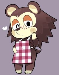  2020 3_fingers 3_toes animal_crossing anthro apron blush breasts brown_body brown_fur clothing digital_media_(artwork) eulipotyphlan feet female fingers freckles fur grey_background hair half-closed_eyes heart_symbol hedgehog mammal narrowed_eyes nintendo one_eye_closed sable_able sarikyou simple_background solo toes wink 