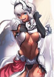  1boy animal_ears armor ass_visible_through_thighs back-to-back black_bikini_bottom black_hairband blonde_hair blue_eyes blurry blurry_background body_markings breasts caenis_(fate) cowboy_shot cross-body_stretch dark-skinned_female dark_skin elbow_gloves fate/grand_order fate_(series) female gloves hair_between_eyes hair_intakes hairband headpiece highres kirschtaria_wodime large_breasts long_hair looking_at_viewer navel open_mouth pauldrons protected_link sabamori shiny_skin shoulder_armor smile solo_focus stretching tattoo teeth waist_cape white_hair 