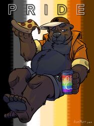  2021 anthro barry_the_pizza_bear bear bear_pride_colors belly big_belly black_body black_fur black_nose bottomwear brown_body brown_fur can clothed clothing container food fur hat headgear headwear hi_res humanoid_hands k-9 lgbt_pride male mammal open_clothing open_shirt open_topwear overweight overweight_male pizza pizza_slice pride_color_background pride_colors rainbow_flag rainbow_pride_colors rainbow_pride_flag rainbow_symbol shirt shorts simple_background sitting six-stripe_rainbow_pride_colors solo subculture_pride_colors topwear 