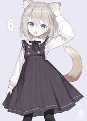  animal_ear_fluff animal_ears arm_up black_bow black_dress black_pantyhose blue_eyes bow capriccio chestnut_mouth collared_shirt commentary_request dog_ears dog_girl dog_tail dress duplicate extra_ears female grey_background grey_hair hair_between_eyes long_hair looking_at_viewer open_mouth original pantyhose photoshop_(medium) pixel-perfect_duplicate pleated_dress shirt simple_background sleeveless sleeveless_dress solo tail translated white_shirt 