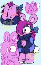  5:8 :3 accessory blush bunny_enid cartoon_network chibi clothing daww enid_(ok_k.o.!_lbh) eyebrows eyelashes female fur hair headband hi_res hiding jacket lagomorph leporid mammal nervous ok_k.o.!_let&#039;s_be_heroes purple_body purple_fur purple_hair rabbit shy simple_background smile solo topwear tsum_tsum watermark weeb-o-saurus were whiskers white_background 