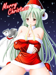  animal_ears bb breast_press breasts cat_ears christmas cleavage green_hair hat large_breasts long_hair mouth_hold night panties pantyshot red_eyes ribbon santa_costume santa_hat star stars underwear 