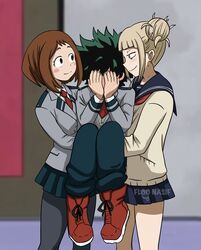  1boy 2girls 2girls1boy afraid anime_style bisexual blush boyfriend-girlfriend deku female fighting fighting_over_boy floonasif himiko_toga hug izuku_midoriya love male my_hero_academia ochako_uraraka ot3 romantic scared threesome wholesome 