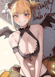  absurdres bare_shoulders belly black_bra black_choker black_panties blonde_hair blush boku_no_hero_academia bra breasts choker cleavage collarbone demon_wings double_bun fangs female hair_bun halloween halloween_costume highres large_breasts looking_at_viewer messy_hair navel panties pumpkin slit_pupils smile solo sunlight toga_himiko underwear underwear_only white_background wings yellow_eyes zd_(pixiv6210083) 