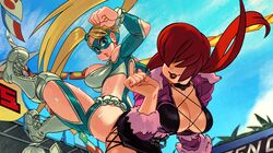  2girls alex_ahad ass ass-to-ass attack blonde_hair boots breasts clothing_cutout commentary crossover domino_mask english_commentary hair_over_eyes hair_pulled_back heart_cutout hip_attack large_breasts lipstick long_hair makeup mask multiple_girls rainbow_mika shermie_(kof) smile street_fighter street_fighter_zero_(series) sweat the_king_of_fighters the_king_of_fighters_xv twintails white_footwear 