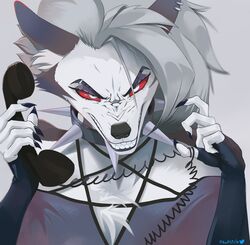  2022 angry anthro canid canid_demon canine clenched_teeth clothed clothing collar cord demon ear_piercing electronics eyebrow_piercing facial_piercing female fur hair hellhound helluva_boss hi_res holding_object holding_phone landline_phone looking_at_viewer loona_(helluva_boss) mammal mythological_canine mythological_creature mythology phone piercing solo spiked_collar spikes teeth topwear white_body white_fur xxjamiepawxx 