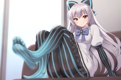  arm_support black_bow blue_bow blue_pantyhose blue_stripes blush bow breasts brooch commentary_request dress elbow_gloves eyelashes feet female frilled_dress frills full_body girls&#039;_frontline gloves gradient_legwear grey_hair hairbow highres indoors jewelry juliet_sleeves knees_together_feet_apart legs long_sleeves looking_at_viewer medium_breasts no_shoes pantyhose partially_fingerless_gloves puffy_sleeves red_eyes short_sleeves sidelocks sitting soles solo striped_clothes striped_gloves striped_pantyhose toes tokarev_(girls&#039;_frontline) vertical-striped_clothes vertical-striped_gloves vertical-striped_pantyhose white_dress yamagara_tasuku 